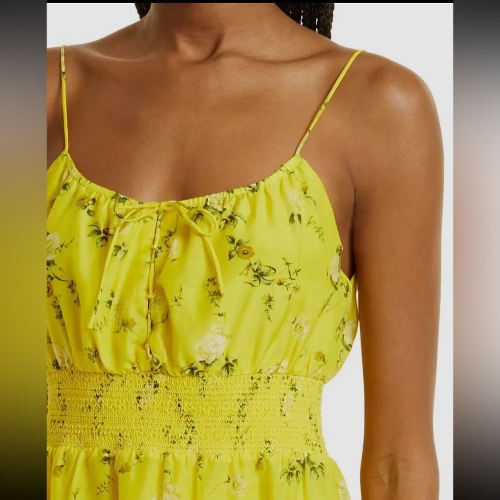 $395 Alice + Olivia Womens Yellow Smocked Waist Floral Cotton & Silk Dress Sz 10 - Picture 3 of 8